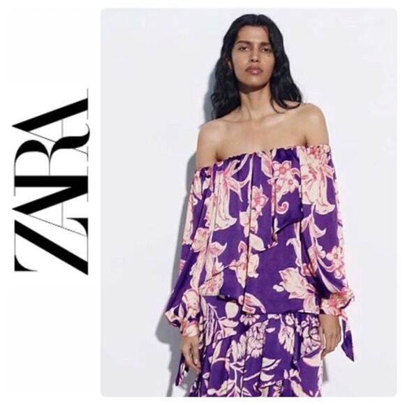 NWT Zara Multicolored Off-the-Shoulder Ruffle Long Sleeve Tie Cuff Blouse, Small - Picture 1 of 16